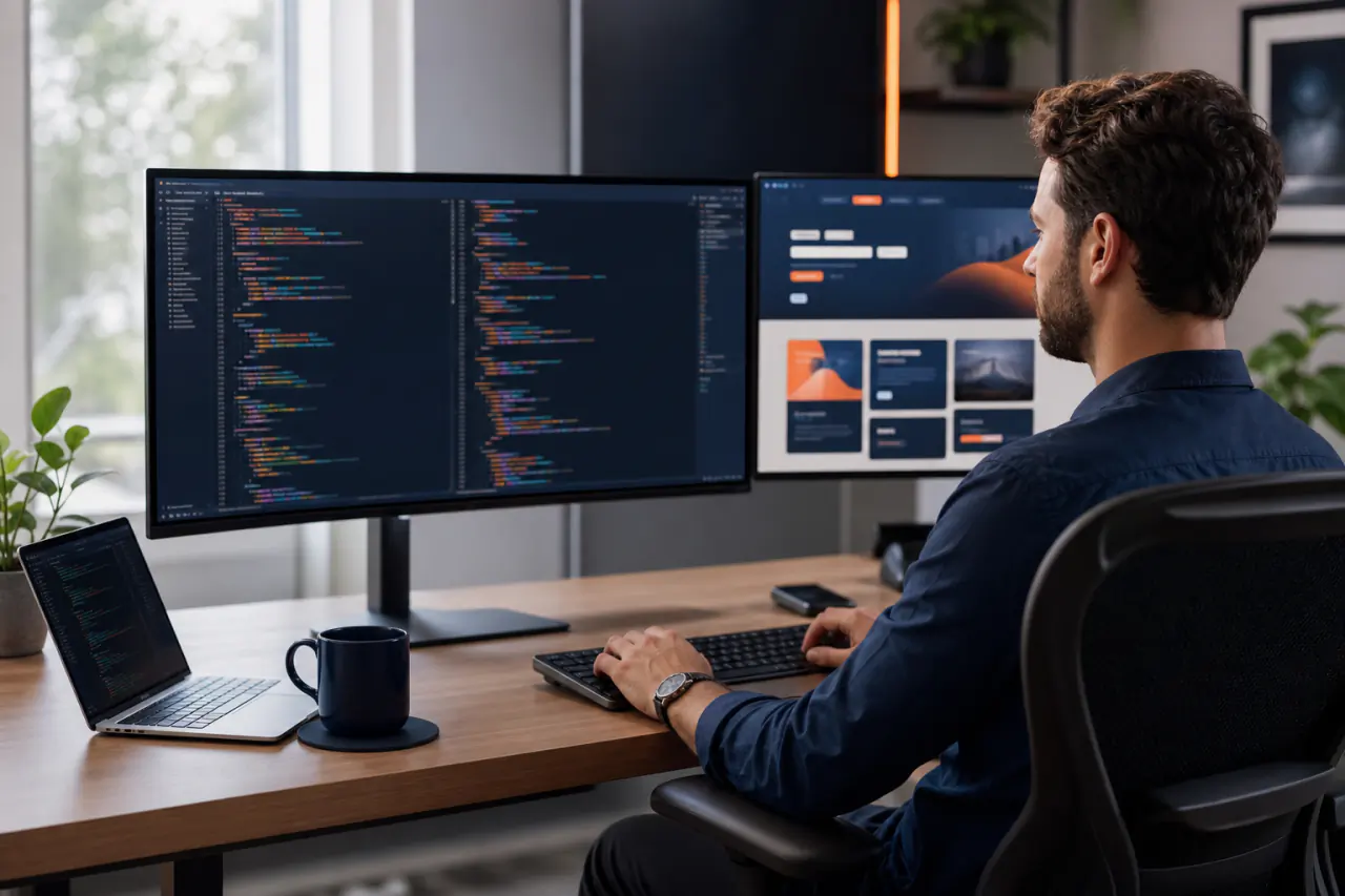 Web developer building a custom website and application in a modern code editor