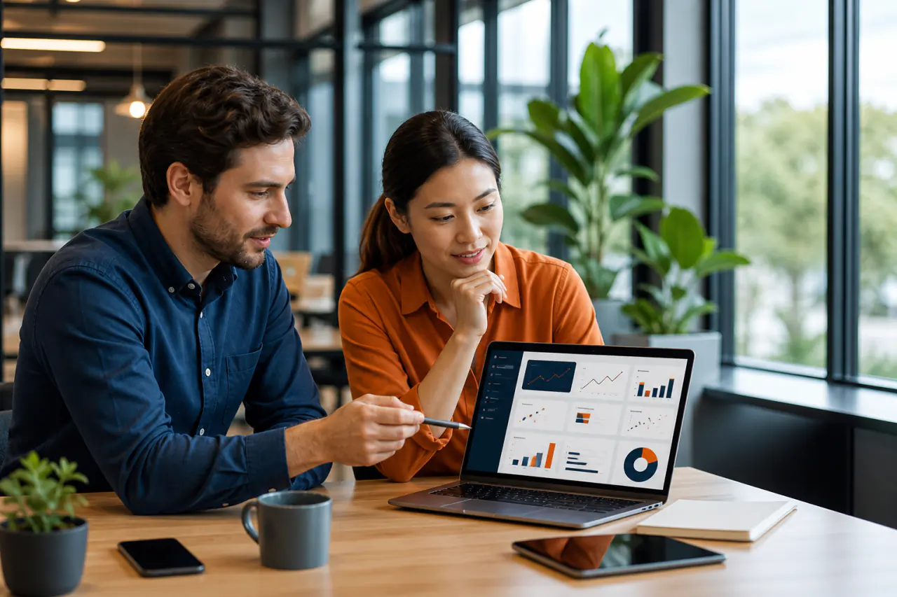 Two web developers collaborating on a custom web application in a modern office